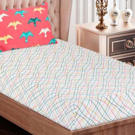 Single Bed Cotton Bedsheet White with Multicolor Abstract Lines Soft and Breathable Distributor, Wholesaler, Manufacturers, Suppliers, Exporters in Navi Mumbai
