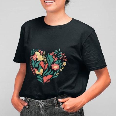 Elegant and Comfortable Black Cotton T-Shirt for Women with Floral Heart Design for Casual Wear Distributor, Wholesaler, Manufacturers, Suppliers, Exporters in Navi Mumbai