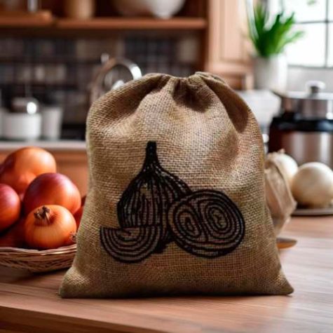 High Quality Burlap Onion Storage Bag Natural Beige Medium Size Printed Design Distributor, Wholesaler, Manufacturers, Suppliers, Exporters in Navi Mumbai