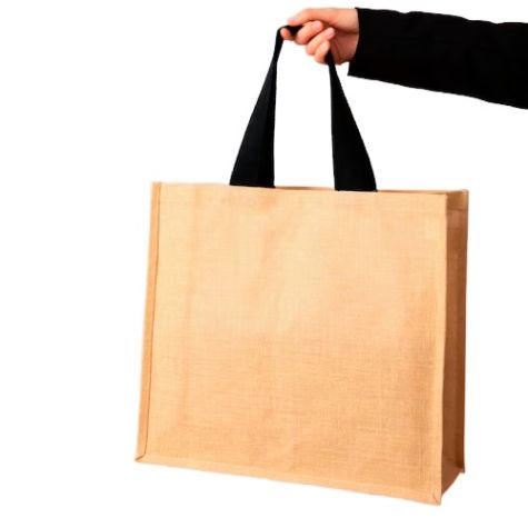 Plain Jute Shopping Bag Natural Beige with Black Fabric Handles Eco Friendly Distributor, Wholesaler, Manufacturers, Suppliers, Exporters in Navi Mumbai
