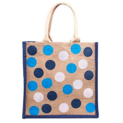 Polka Dot Printed Jute Shopping Bag Natural Beige with Blue White Dots and Navy Border Distributor, Wholesaler, Manufacturers, Suppliers, Exporters in Navi Mumbai