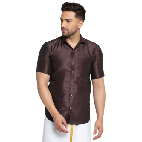 Premium Quality Plain Dupion Silk Shirt for Men in Slim Fit and Dark Brown Color Distributor, Wholesaler, Manufacturers, Suppliers, Exporters in Navi Mumbai