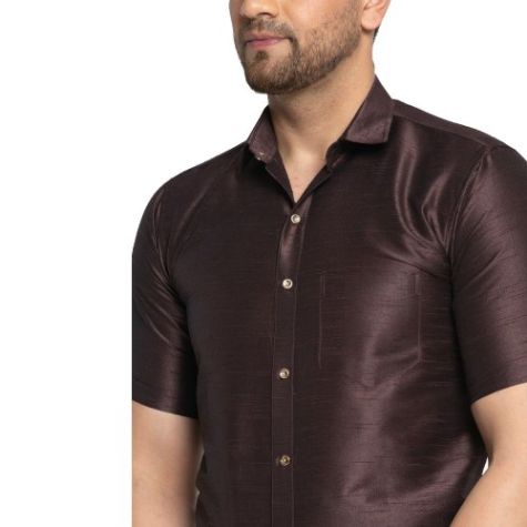 Premium Quality Plain Dupion Silk Shirt for Men in Slim Fit and Dark Brown Color Distributor, Wholesaler, Manufacturers, Suppliers, Exporters in Navi Mumbai