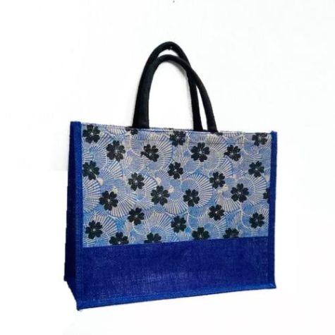 Stylish Blue Jute Shopping Bag with Floral Pattern Comfortable Padded Handles for Everyday Use Distributor, Wholesaler, Manufacturers, Suppliers, Exporters in Navi Mumbai