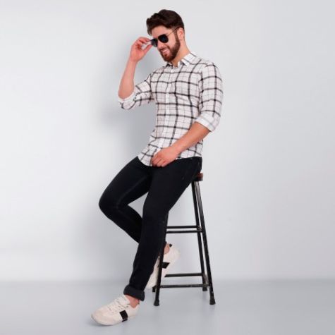 White Formal Shirt for Men in Cotton Fabric with Round Collar and Small Check Pattern Distributor, Wholesaler, Manufacturers, Suppliers, Exporters in Navi Mumbai